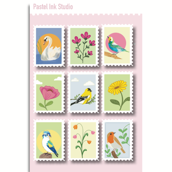 Pastel Nature Stamps | Bird and Flower Stamps | Pastel Vibe Stamp Stickers - Image 2