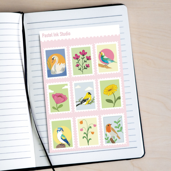 Pastel Nature Stamps | Bird and Flower Stamps | Pastel Vibe Stamp Stickers